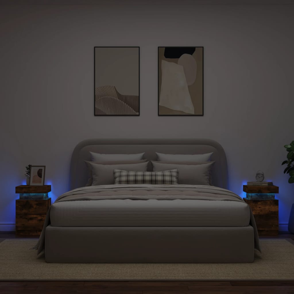 Nachttische mit LED-Leuchten 2 Stk. Räuchereiche 35x39x55 cm