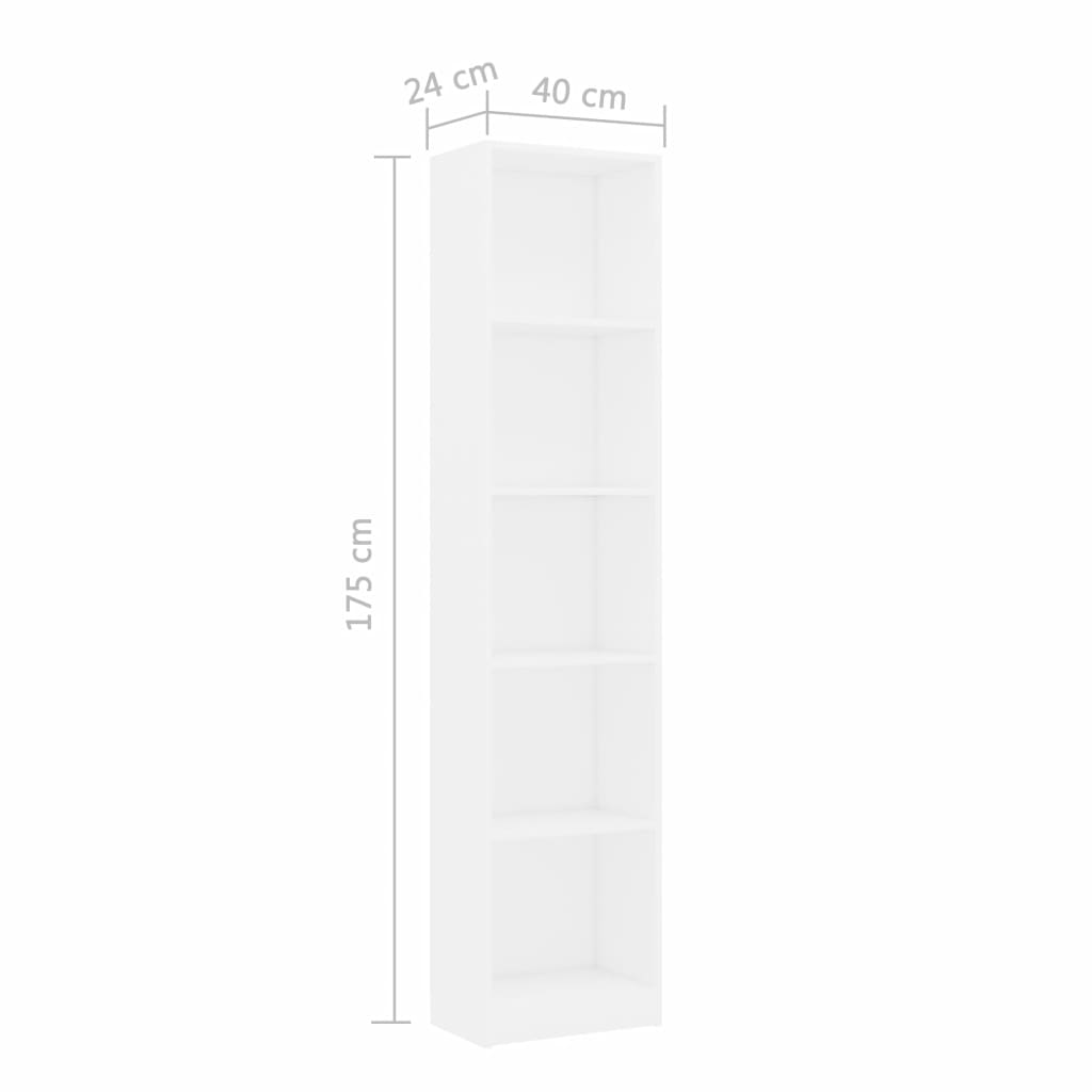  Bücherregal 5 Fächer Weiß 40x24x175 cm Holzwerkstoff