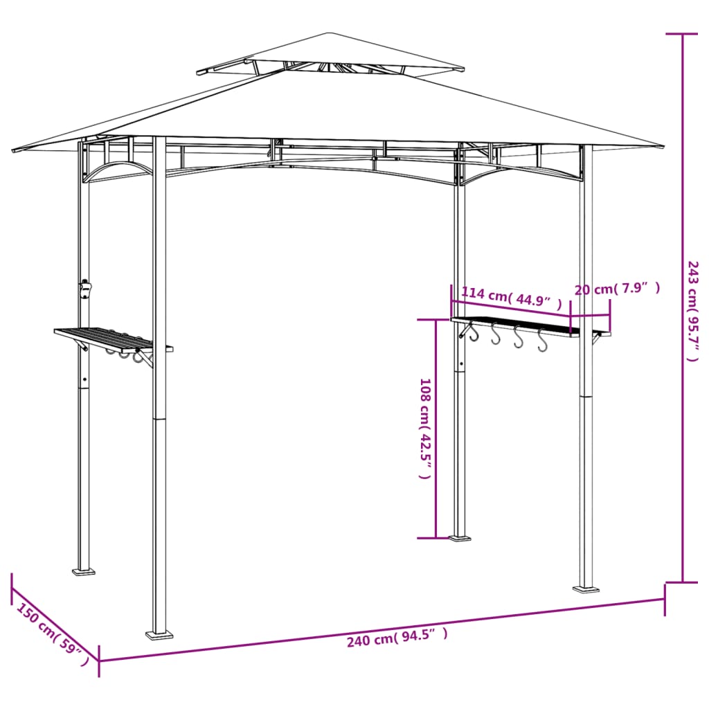  Grillpavillon mit Seitenregalen Anthrazit 240x150x243 cm Stahl