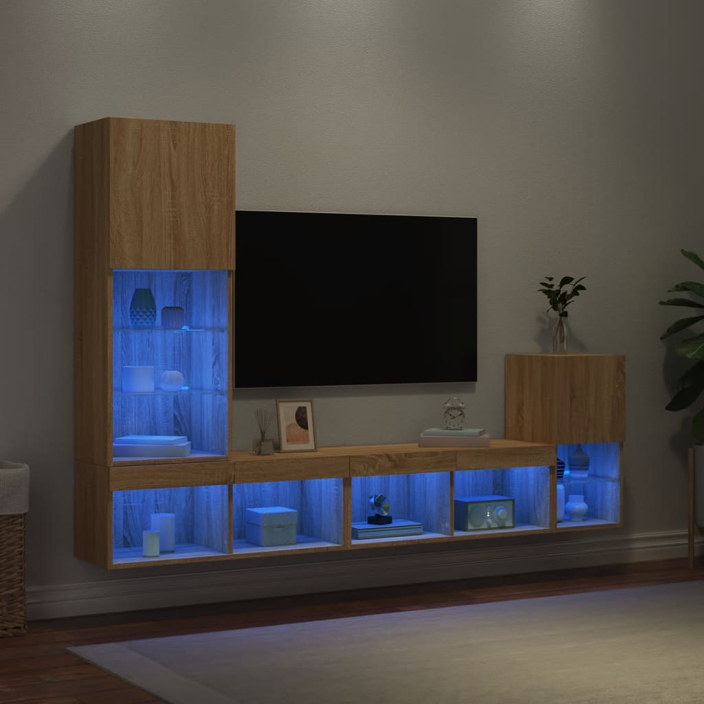  4-tlg. Wohnwand mit LED-Beleuchtung Sonoma-Eiche Holzwerkstoff