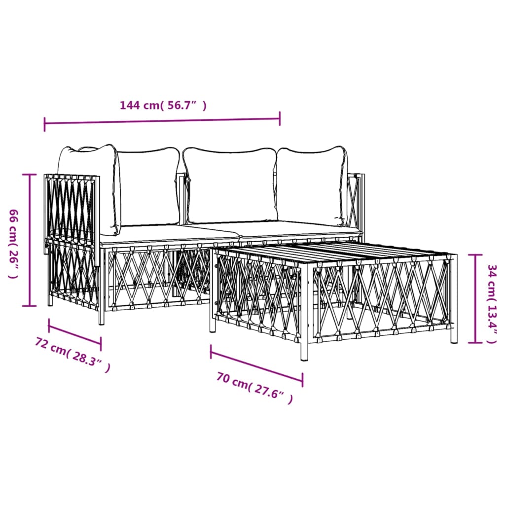  3-tlg. Garten-Lounge-Set mit Kissen Weiß Stahl