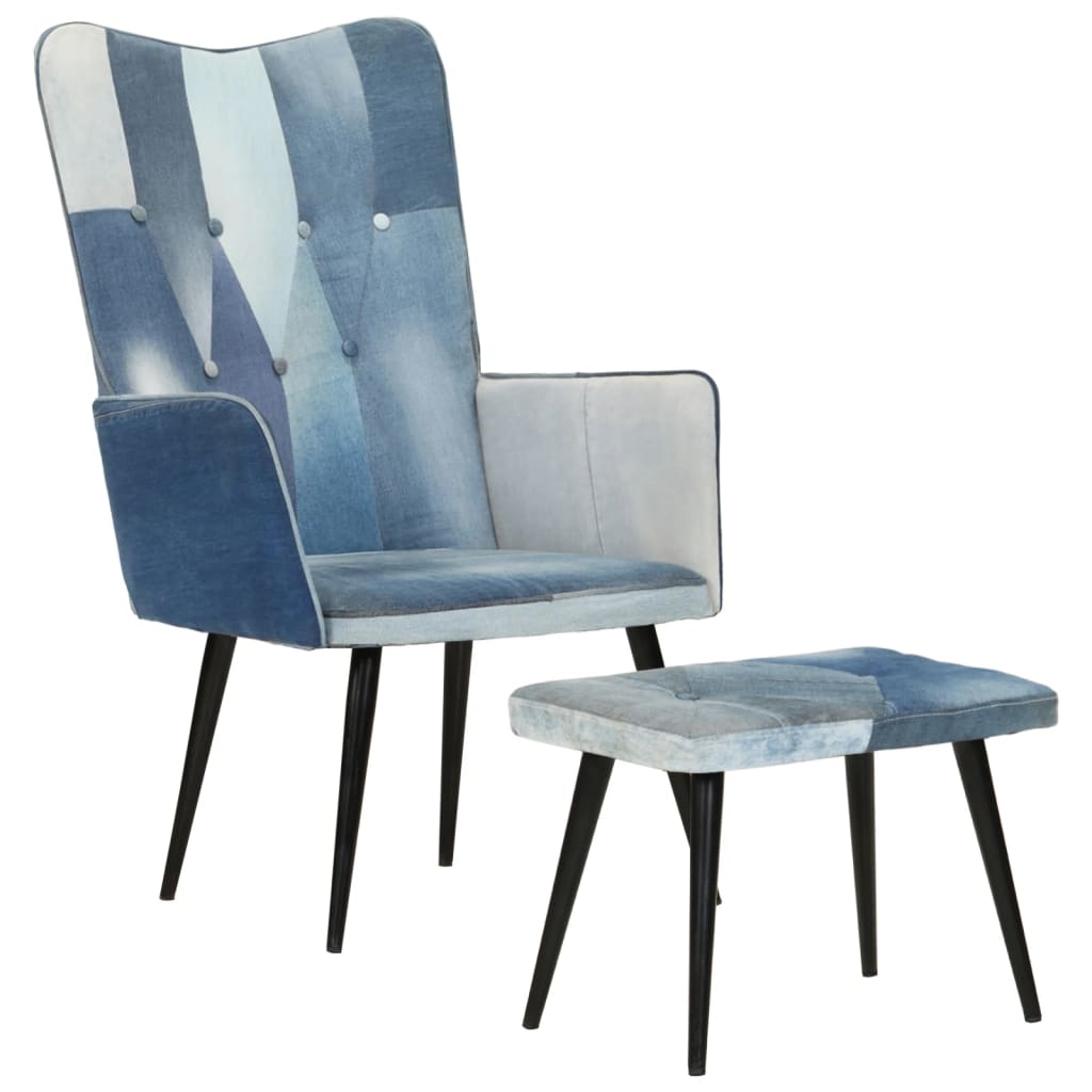  Sessel mit Hocker Blau Denim Patchwork Canvas