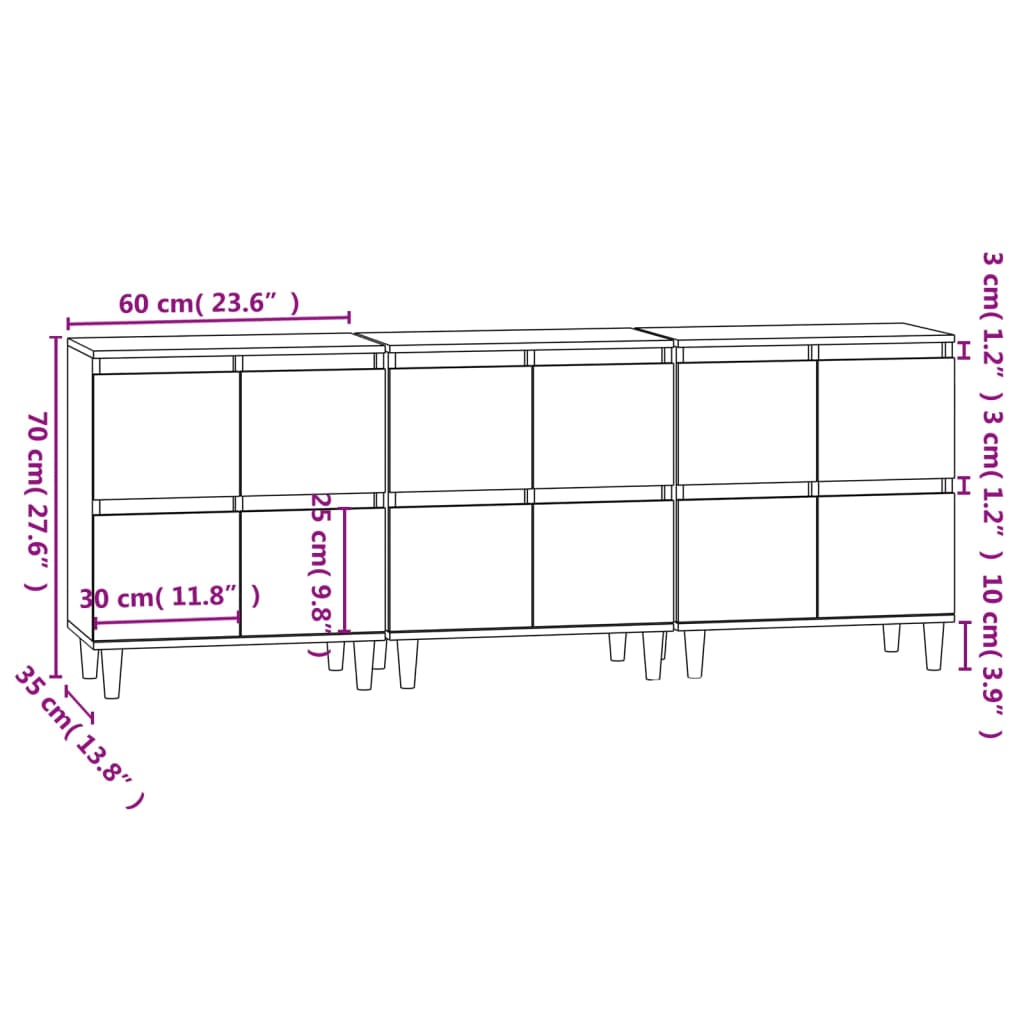  Sideboards 3 Stk. Schwarz 60x35x70 cm Holzwerkstoff