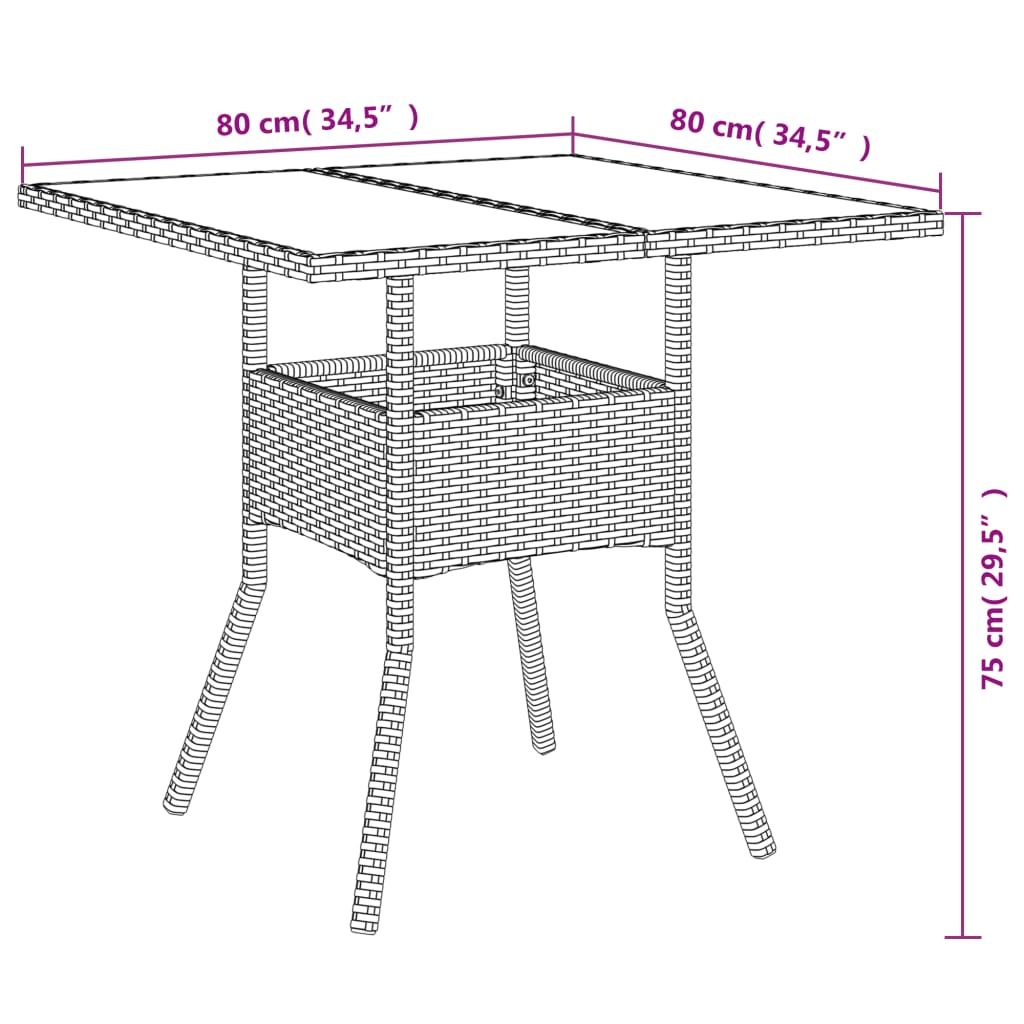  Gartentisch mit Glasplatte Schwarz 80x80x75 cm Poly Rattan