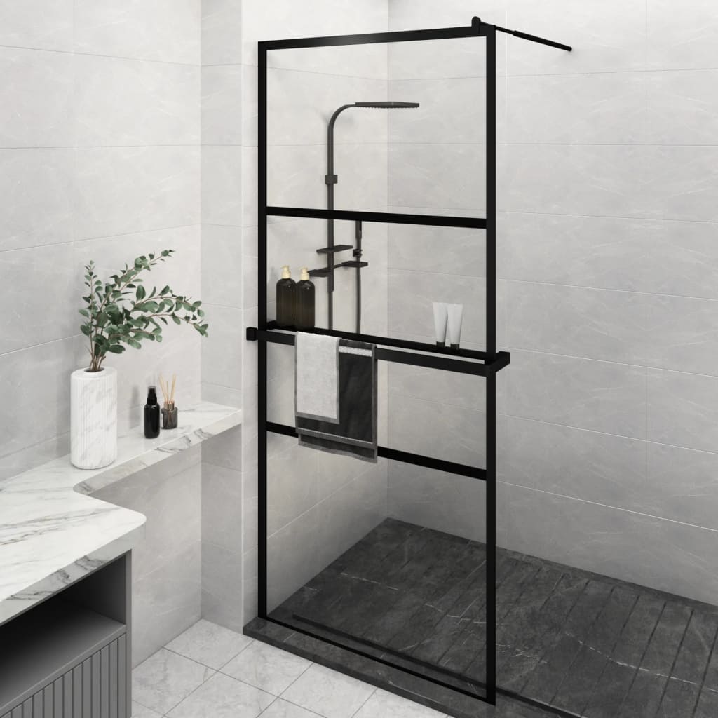  Duschwand mit Ablage für Walk-In-Dusche Schwarz 100x195 cm ESG