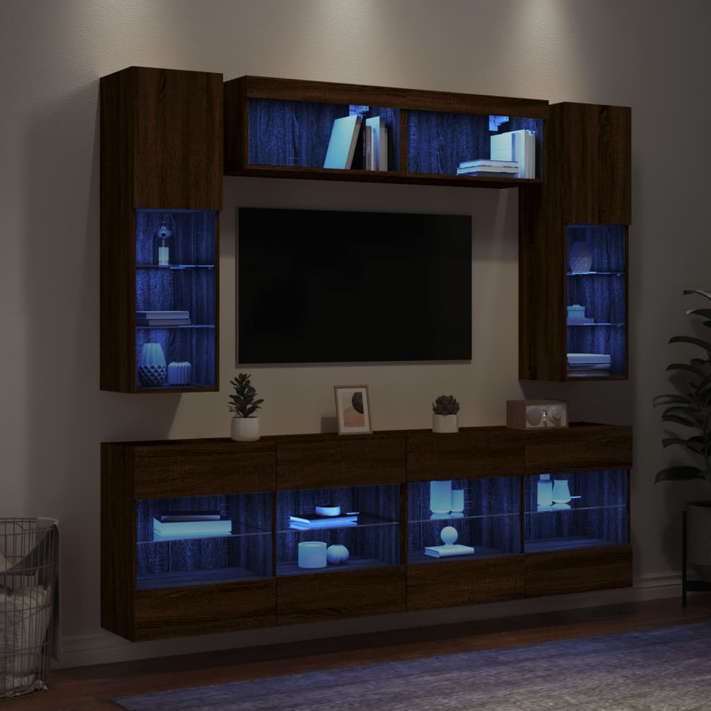  6-tlg. TV-Wohnwand mit LED-Leuchten Braun Eichen-Optik