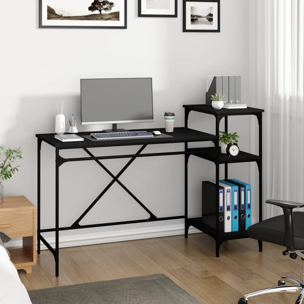  Schreibtisch mit Regal Schwarz 135x50x90 cm Holzwerkstoff Eisen
