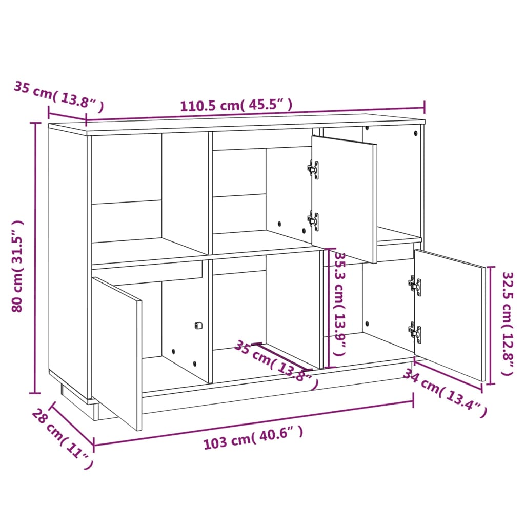  Sideboard 110,5x35x80 cm Massivholz Kiefer