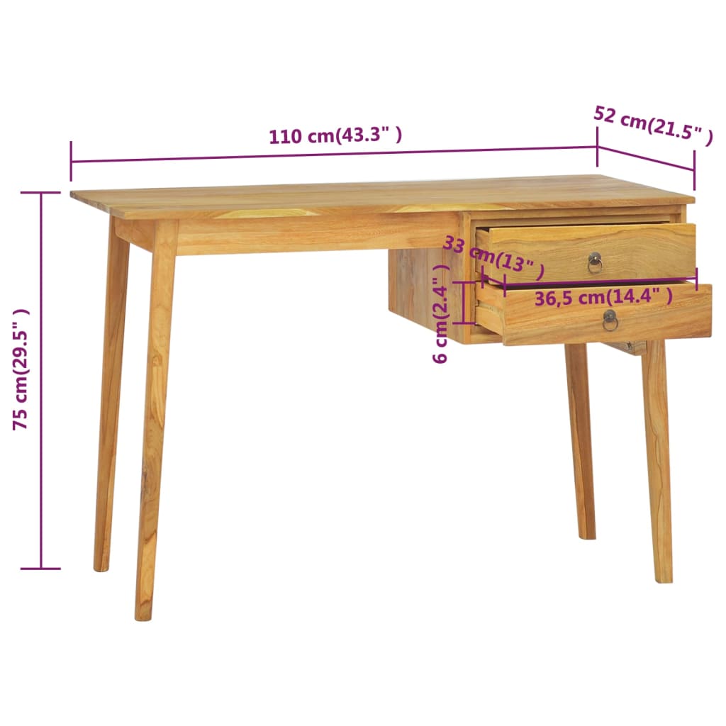  Schreibtisch mit 2 Schubladen 110x52x75 cm Massivholz Teak