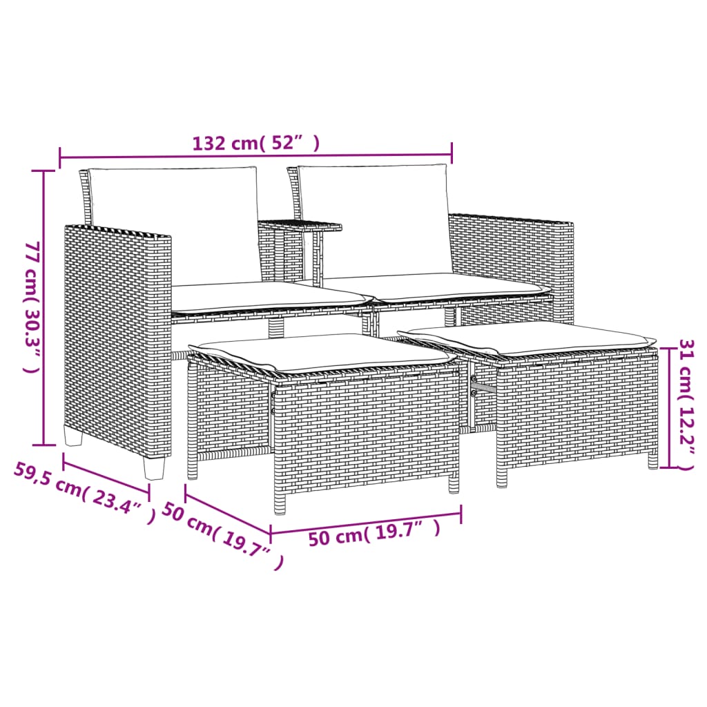  Gartensofa 2-Sitzer mit Tisch und Hockern Hellgrau Poly Rattan