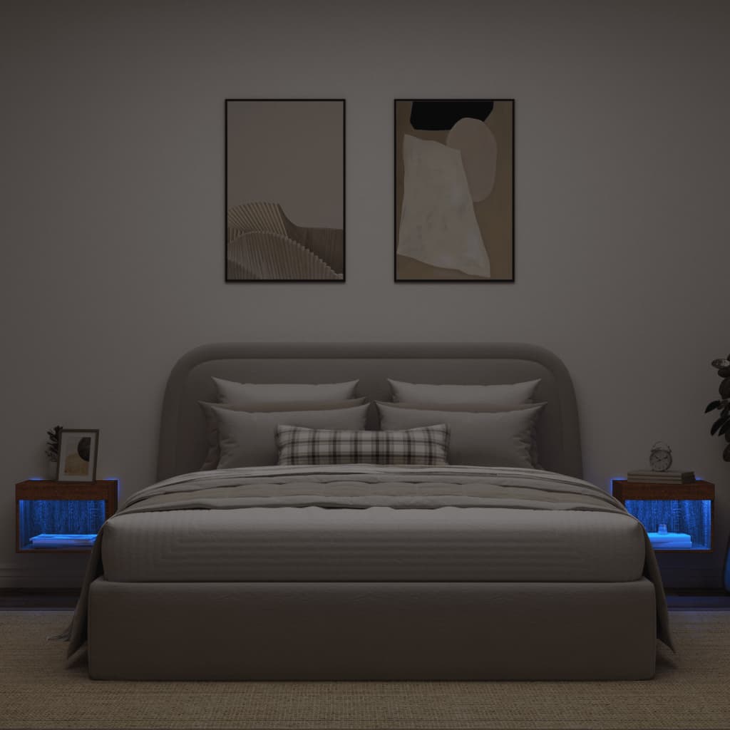  Wand-Nachttische mit LED-Leuchten 2 Stk. Braun Eichen-Optik
