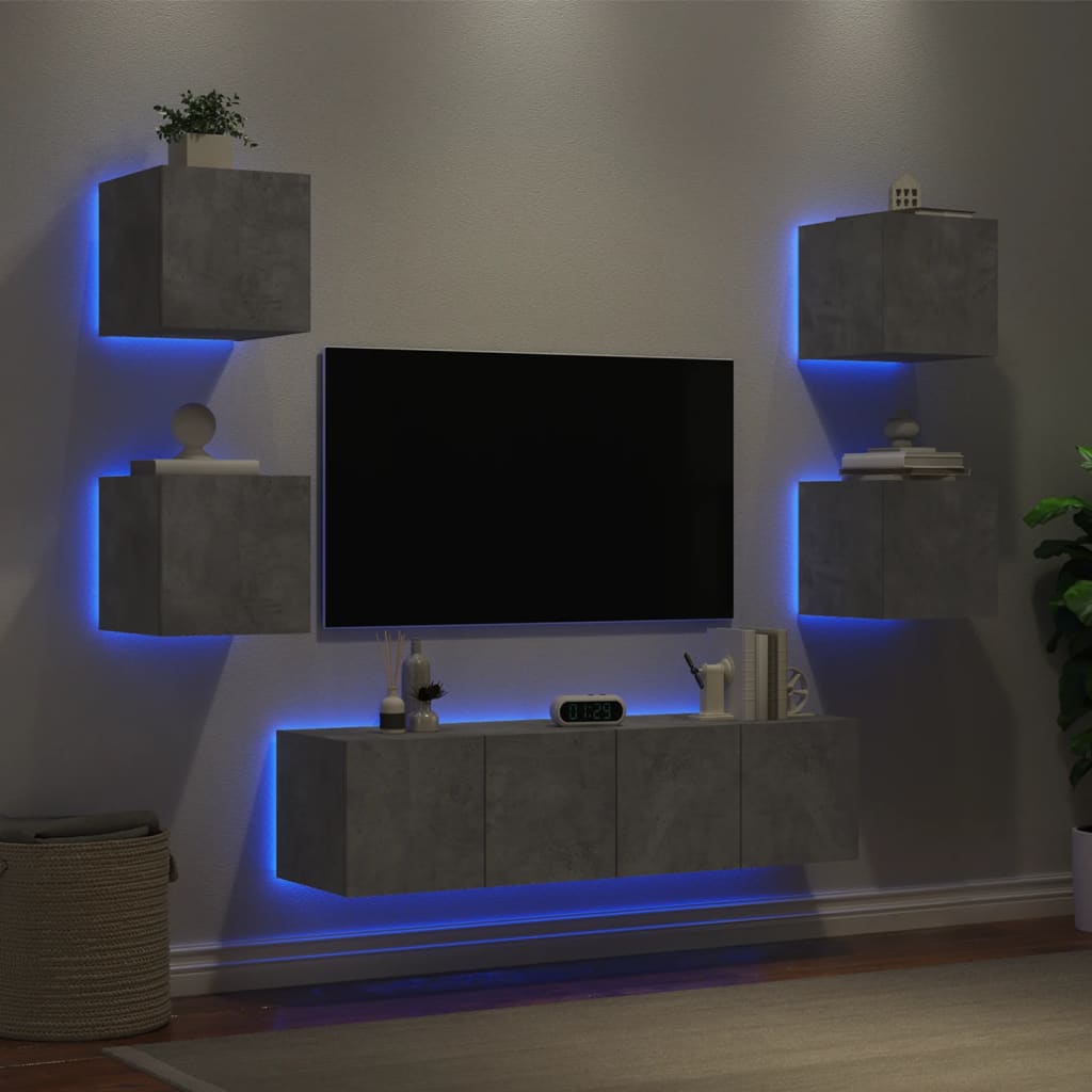  6-tlg. Wohnwand mit LED-Beleuchtung Betongrau Holzwerkstoff