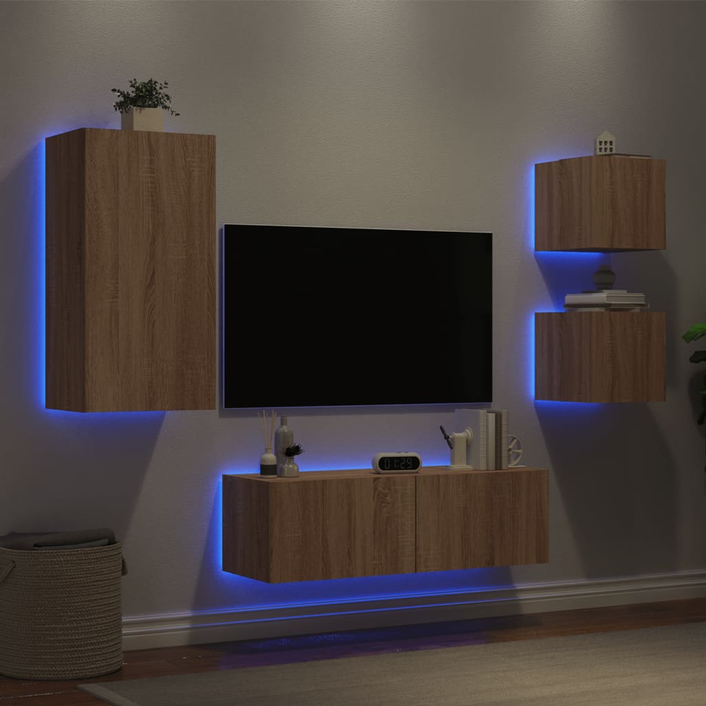  4-tlg. TV-Wohnwand mit LED-Leuchten Sonoma-Eiche