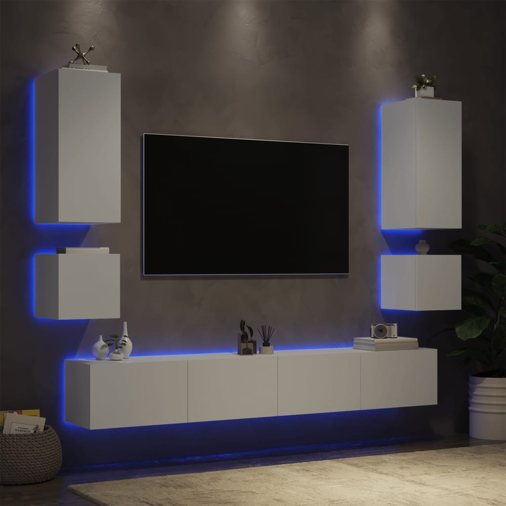  6-tlg. TV-Wohnwand mit LED-Leuchten Weiß