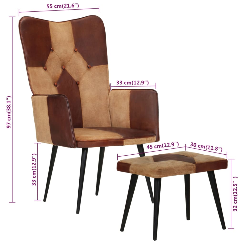  Sessel mit Hocker Braun Echtleder und Canvas
