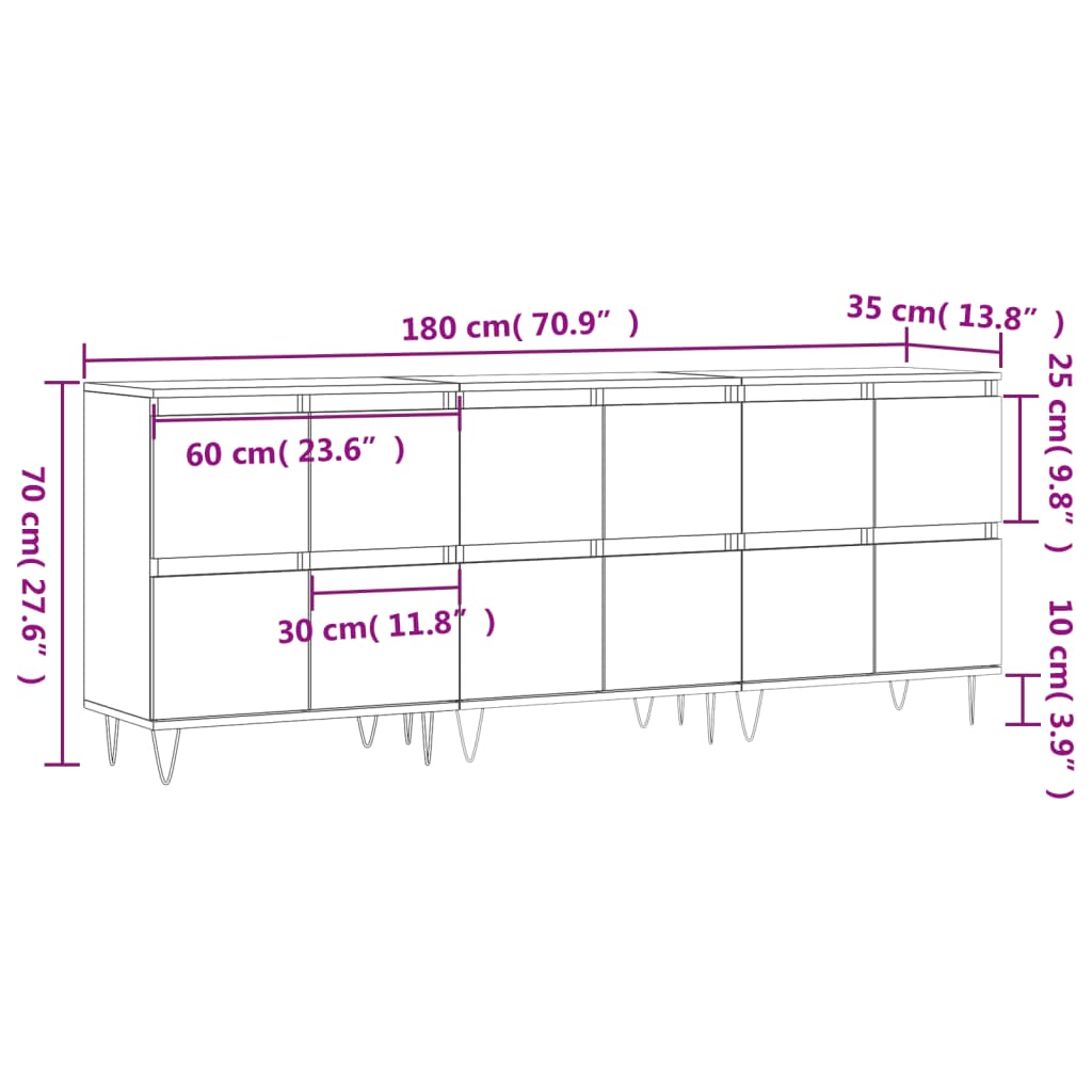  Sideboards 3 Stk. Grau Sonoma Holzwerkstoff
