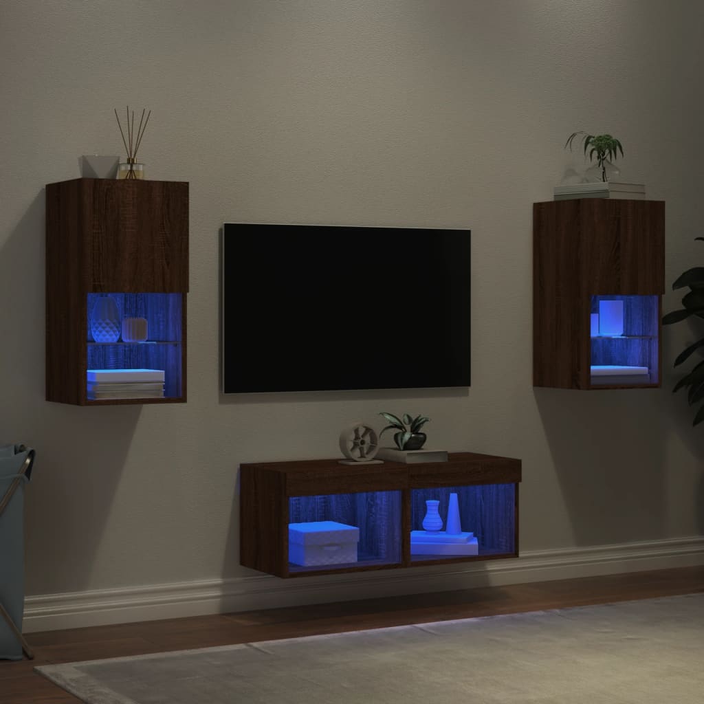  4-tlg. TV-Wohnwand mit LED-Leuchten Braun Eichen-Optik