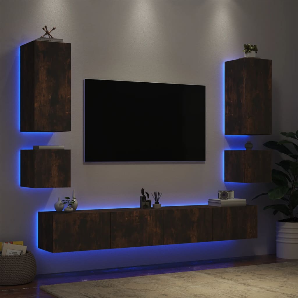  6-tlg. TV-Wohnwand mit LED-Leuchten Räuchereiche