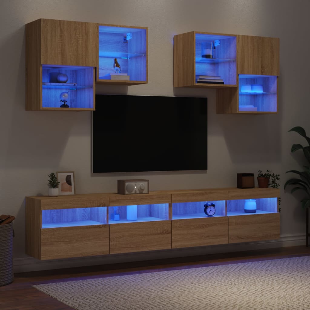  6-tlg. TV-Wohnwand mit LED-Leuchten Sonoma-Eiche