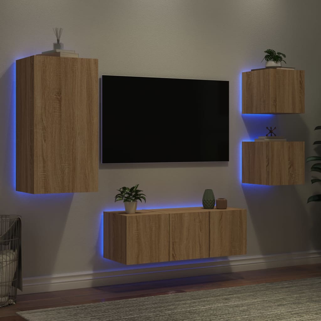  5-tlg. Wohnwand mit LED-Beleuchtung Sonoma-Eiche Holzwerkstoff