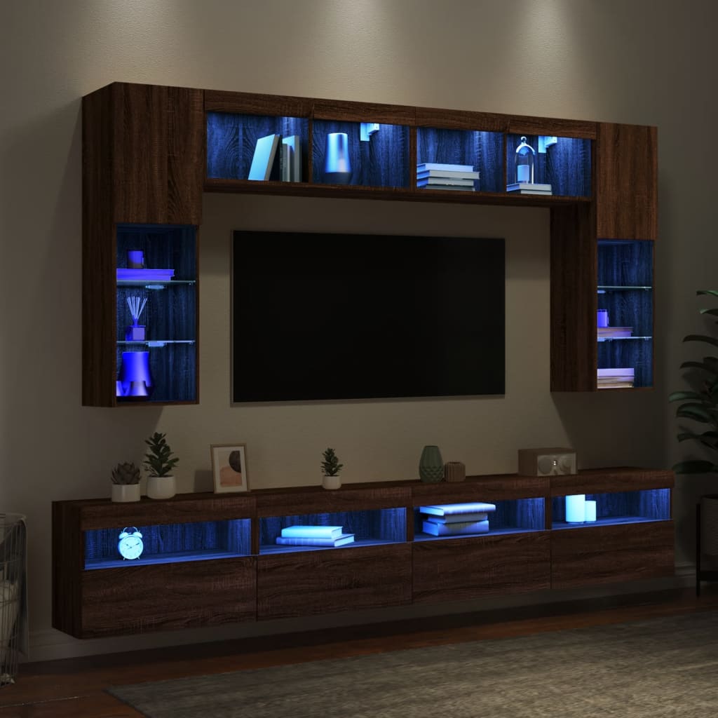  8-tlg. TV-Wohnwand mit LED-Leuchten Braun Eichen-Optik