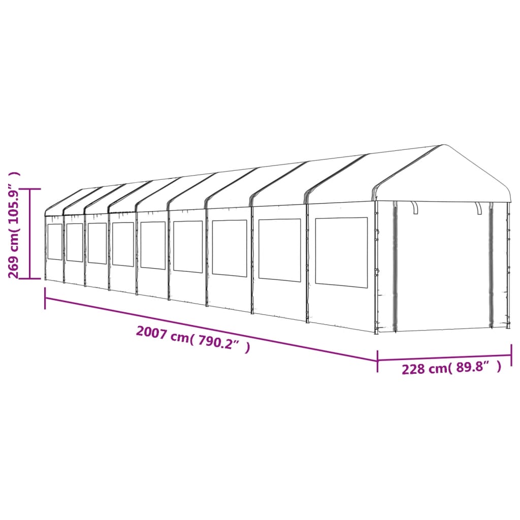  Pavillon mit Dach Weiß 20,07x2,28x2,69 m Polyethylen
