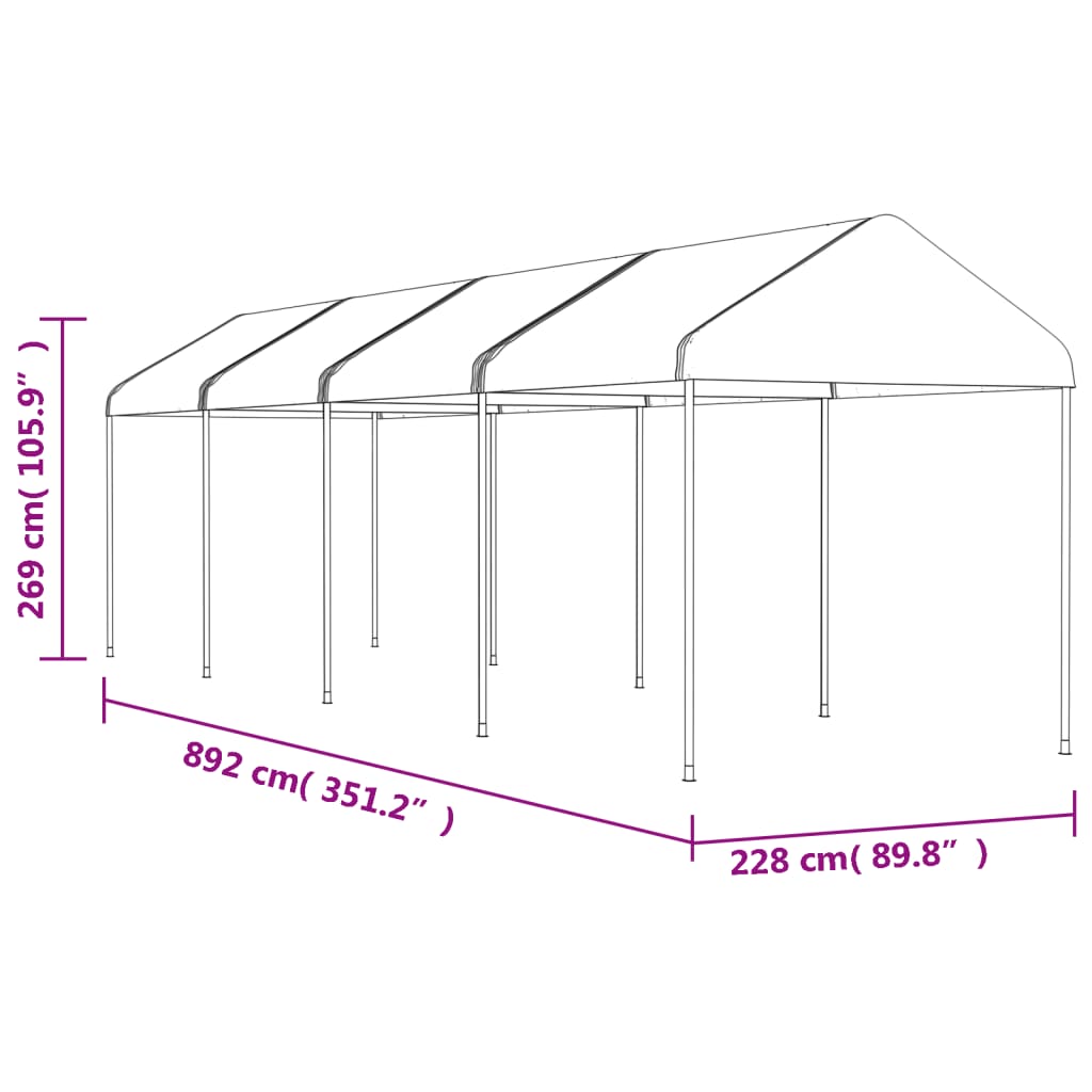  Pavillon mit Dach Weiß 8,92x2,28x2,69 m Polyethylen