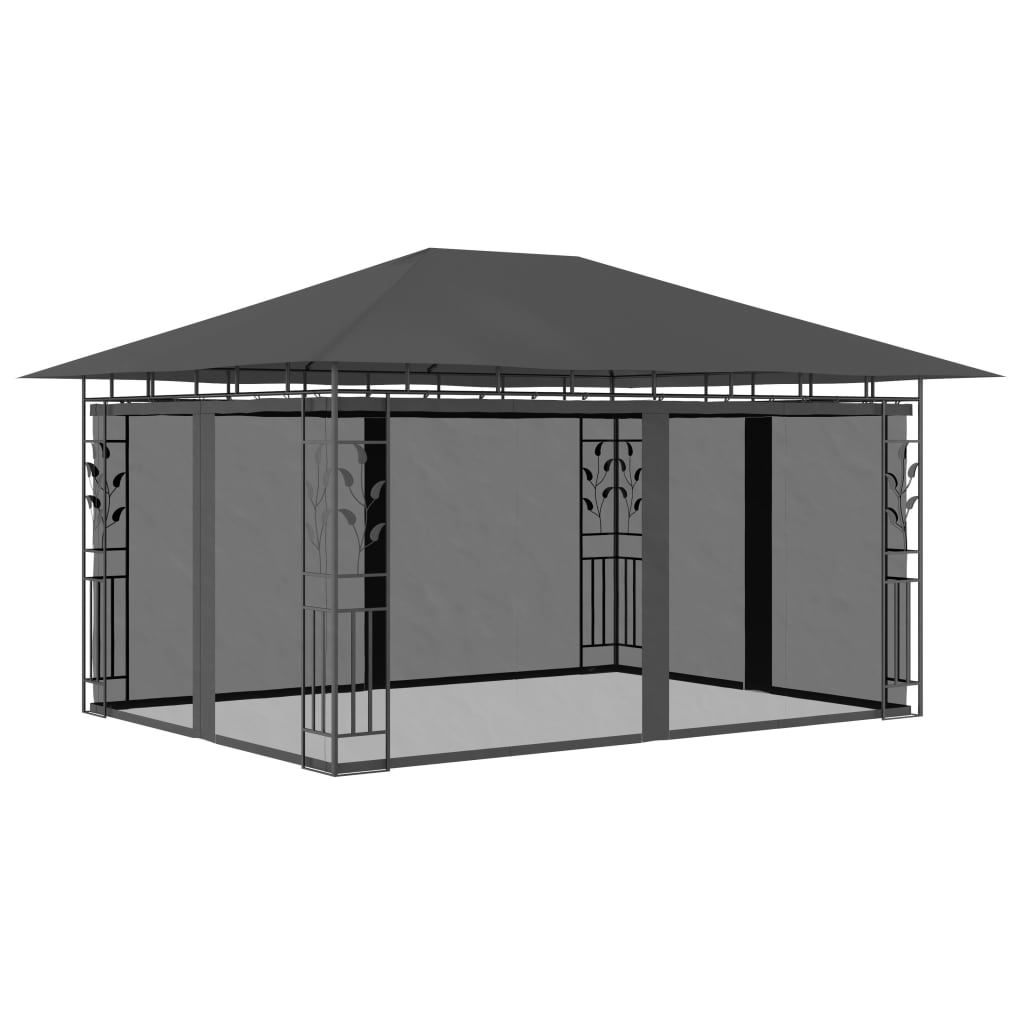  Pavillon mit Moskitonetz & LED-Lichterkette 4x3x2,73m Anthrazit
