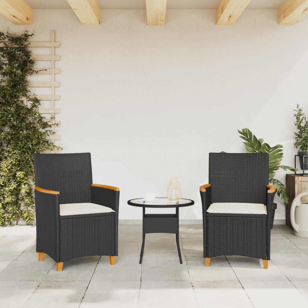  Gartenstühle mit Kissen 2 Stk. Schwarz Poly Rattan Massivholz